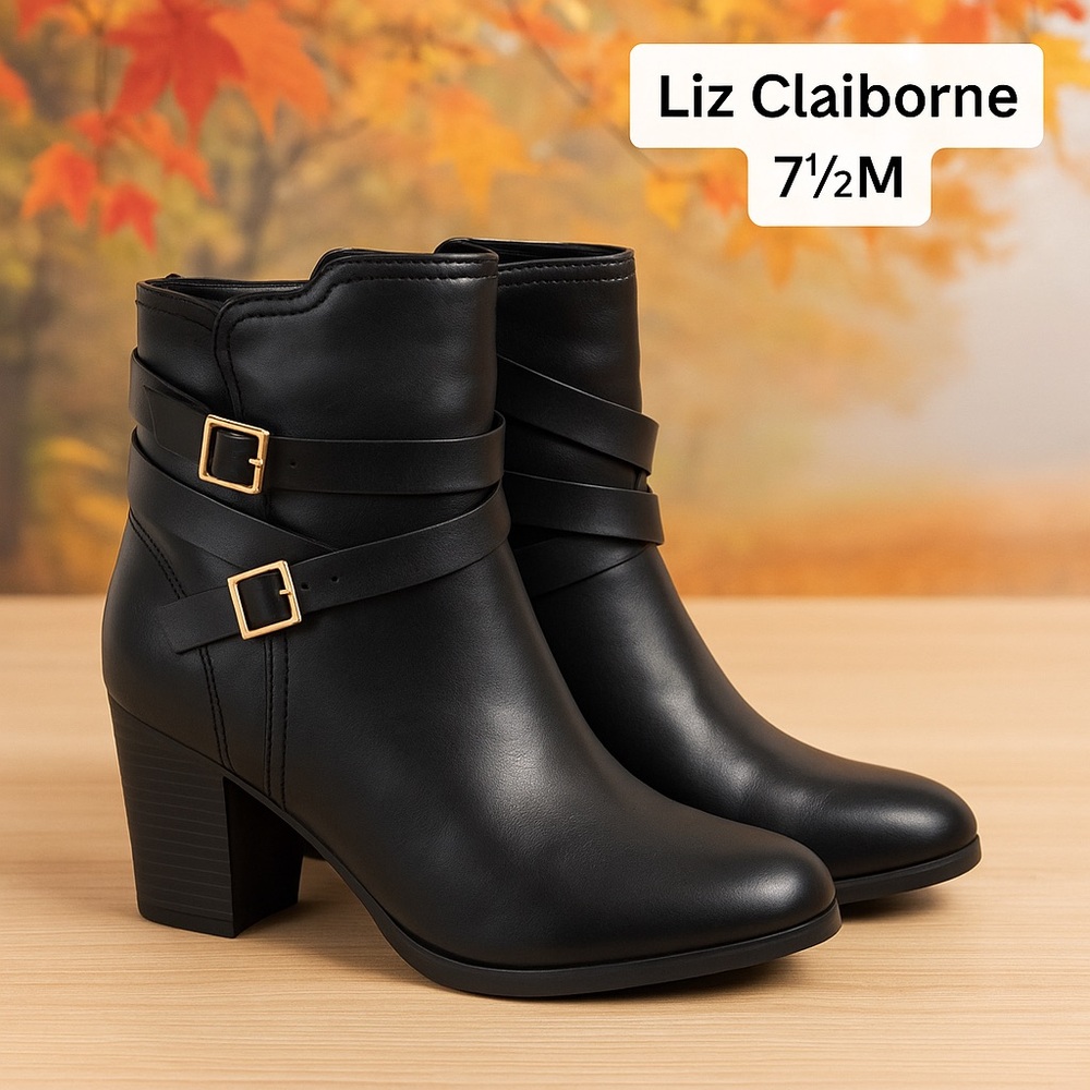 Liz Claiborne Black Buckle Ankle Boots 7.5M